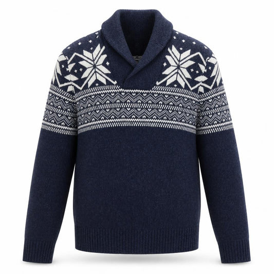 Front view of Gap Men Blue Fair Isle Shawl Collar Wool Jumper, size M