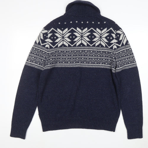 Gap Men Blue Fair Isle Shawl Collar Wool Jumper Size M