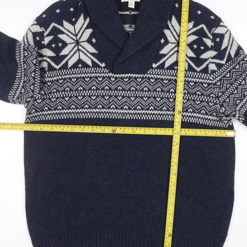 Gap Men Blue Fair Isle Shawl Collar Wool Jumper Size M