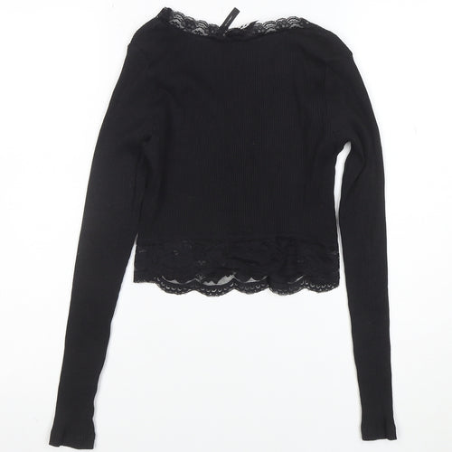 Reclaimed Vintage Women's Black Lace Trim Cropped Long Sleeve Blouse Size M