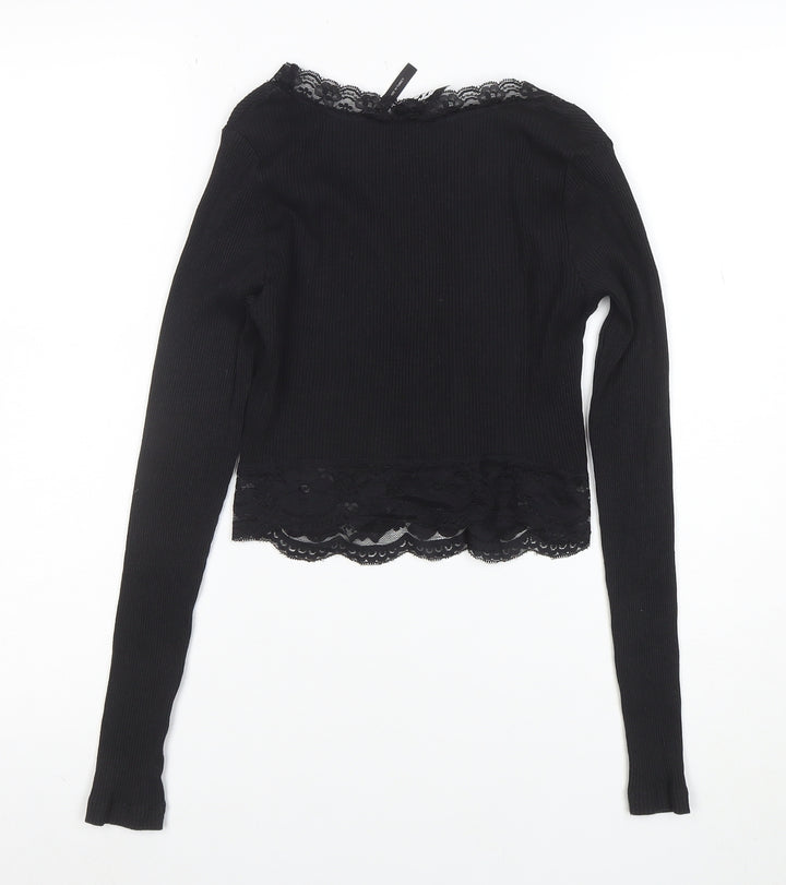 Reclaimed Vintage Women's Black Lace Trim Cropped Long Sleeve Blouse Size M