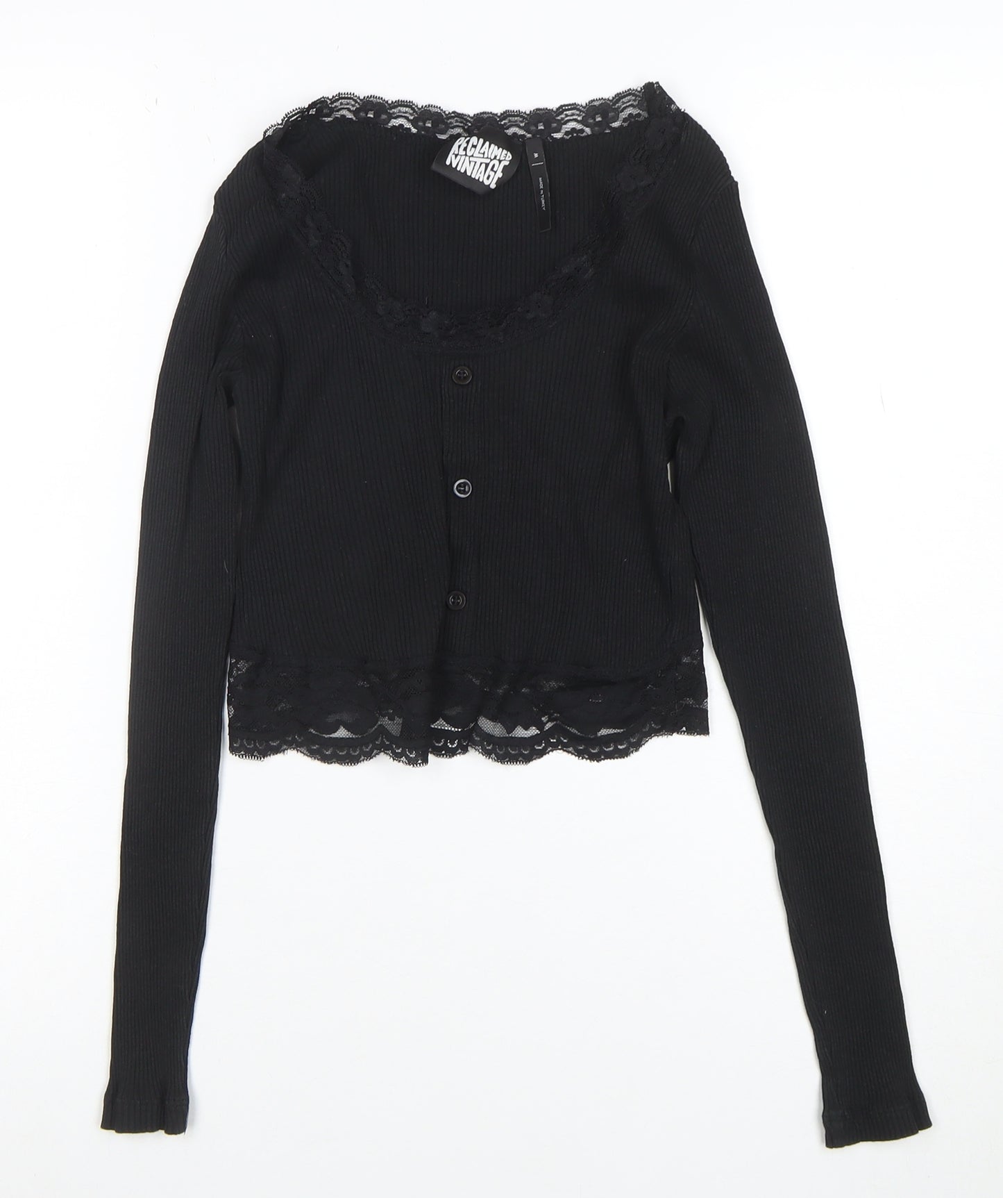 Reclaimed Vintage Women's Black Lace Trim Cropped Long Sleeve Blouse Size M