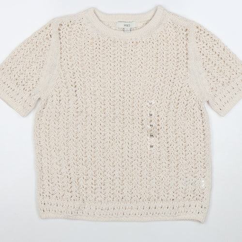 Marks and Spencer Women Beige Open Knit Short Sleeve Jumper M