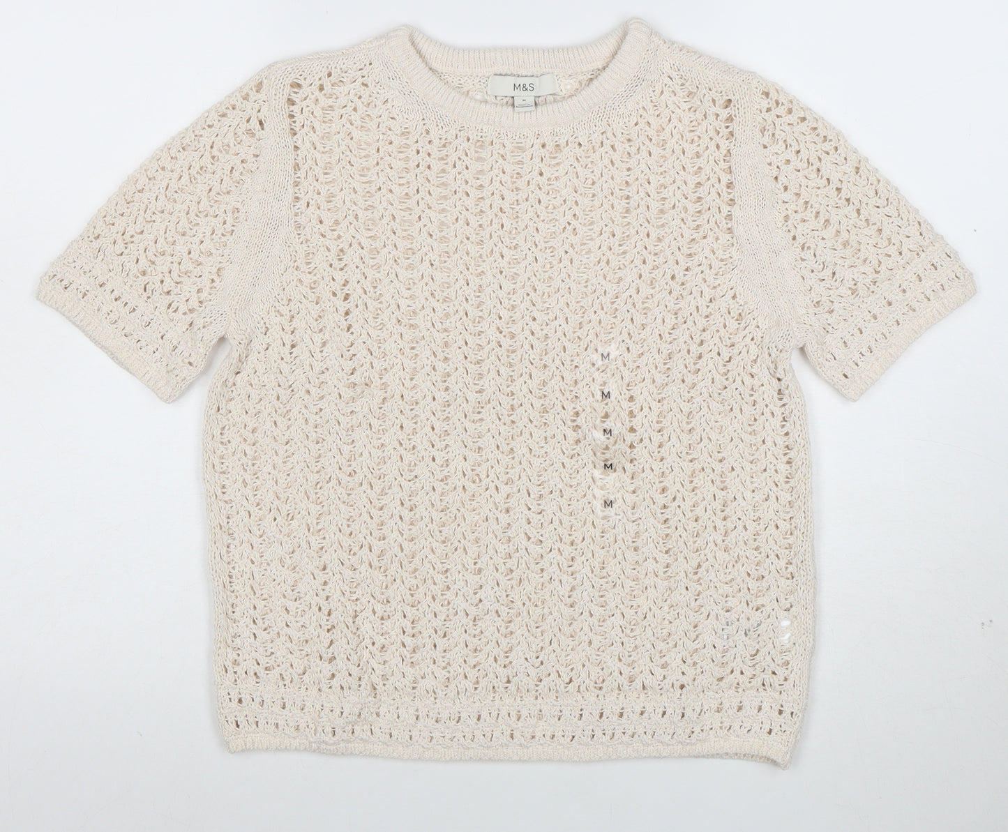 Marks and Spencer Women Beige Open Knit Short Sleeve Jumper M