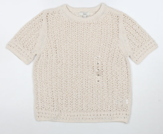 Marks and Spencer Women Beige Open Knit Short Sleeve Jumper M