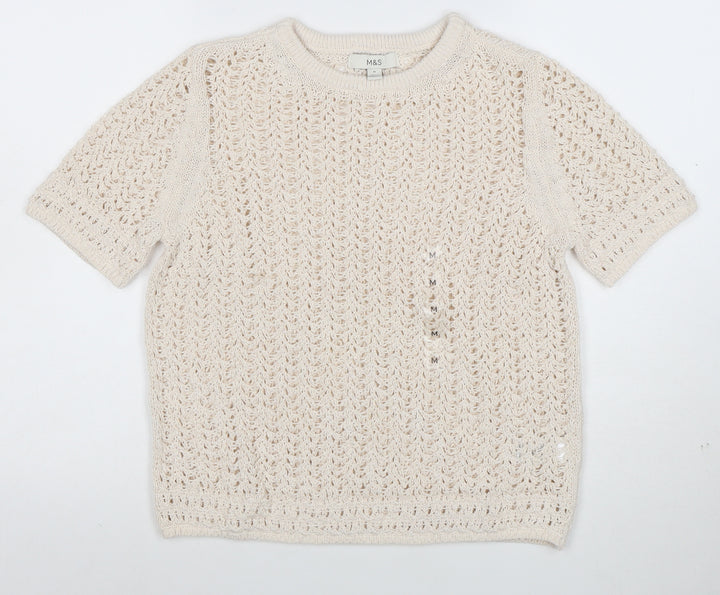 Marks and Spencer Women Beige Open Knit Short Sleeve Jumper M