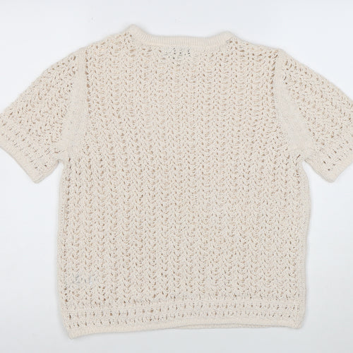 Marks and Spencer Women Beige Open Knit Short Sleeve Jumper M
