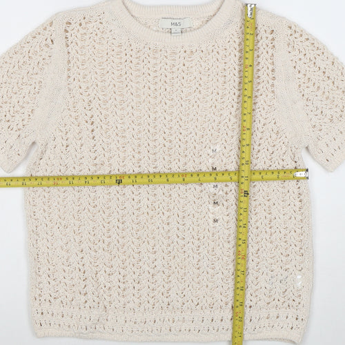 Marks and Spencer Women Beige Open Knit Short Sleeve Jumper M