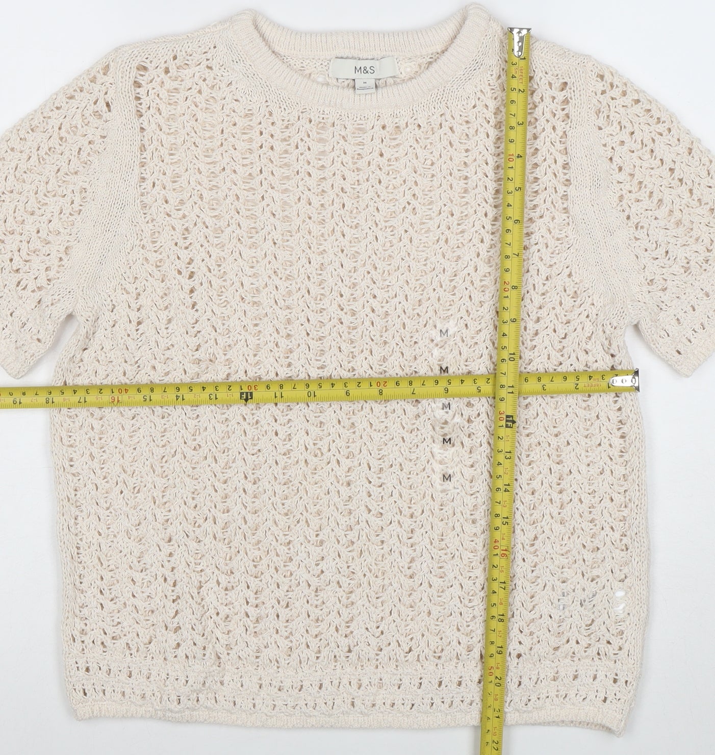 Marks and Spencer Women Beige Open Knit Short Sleeve Jumper M
