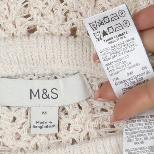 Marks and Spencer Women Beige Open Knit Short Sleeve Jumper M