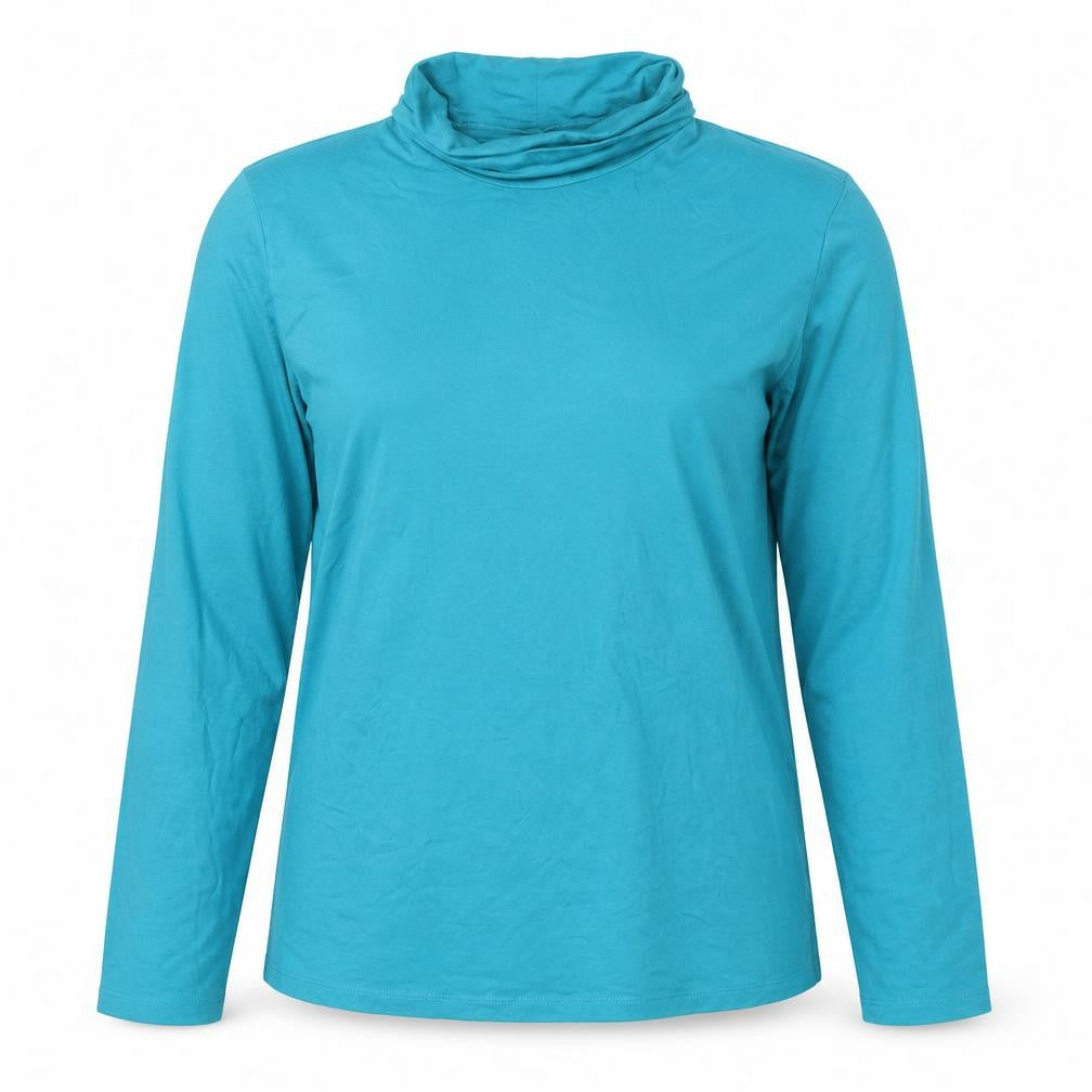 Front view of Lands' End Women's Blue Roll Neck Long Sleeve Cotton Top, size L