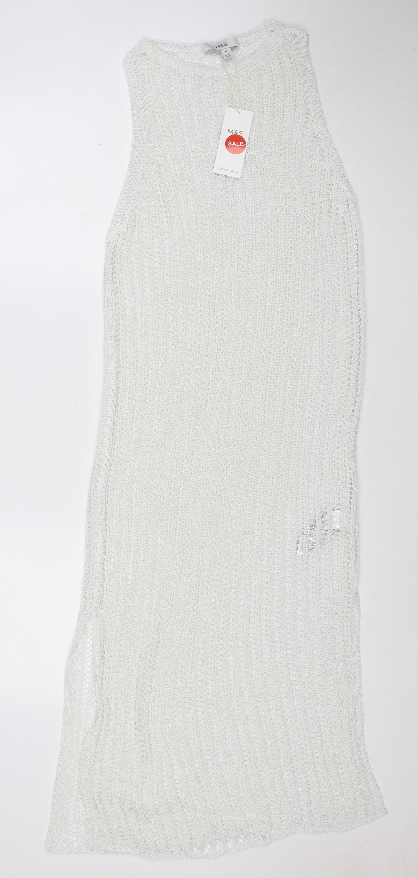 Marks and Spencer Women White Knit Crochet Kaftan Dress Size M Summer Beachwear