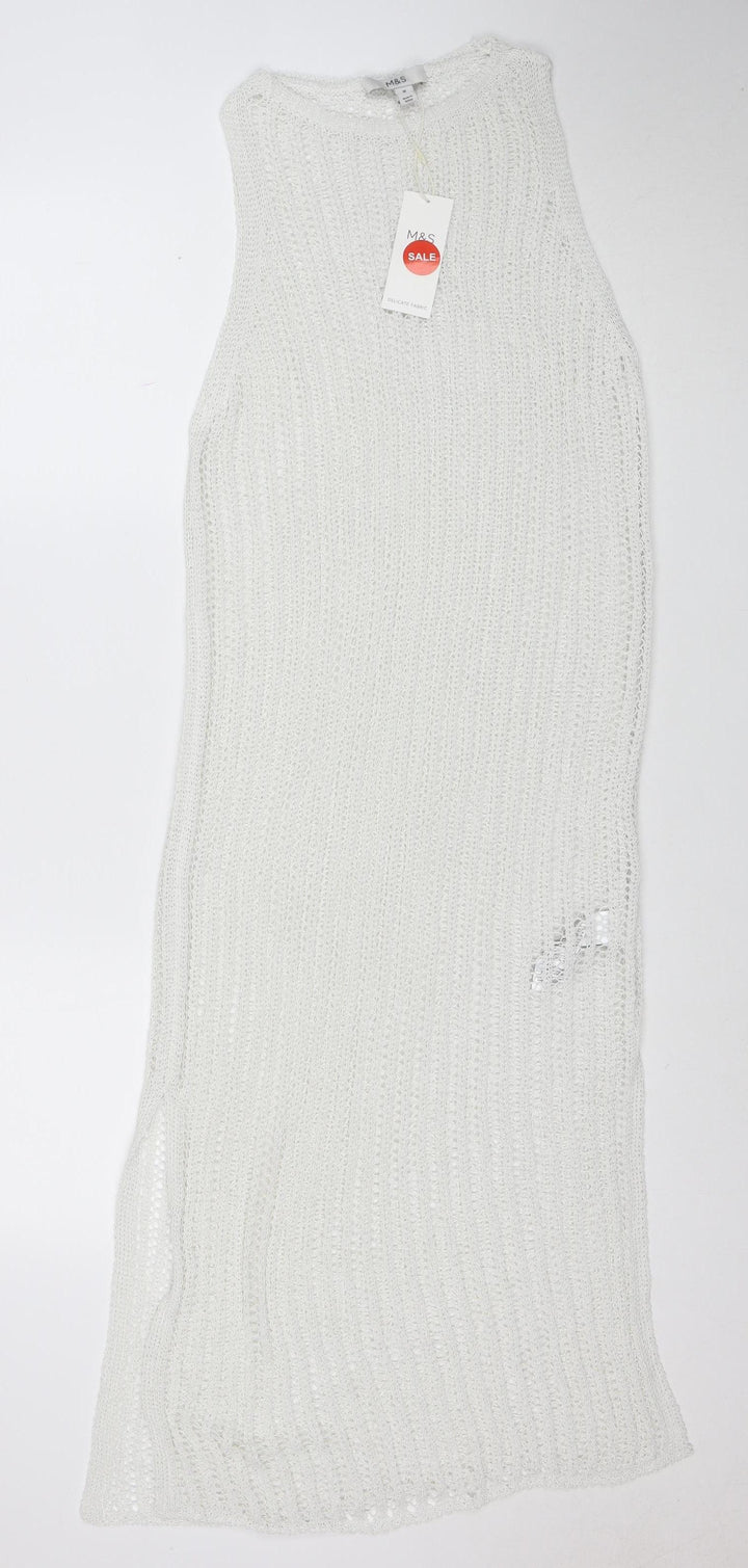 Marks and Spencer Women White Knit Crochet Kaftan Dress Size M Summer Beachwear