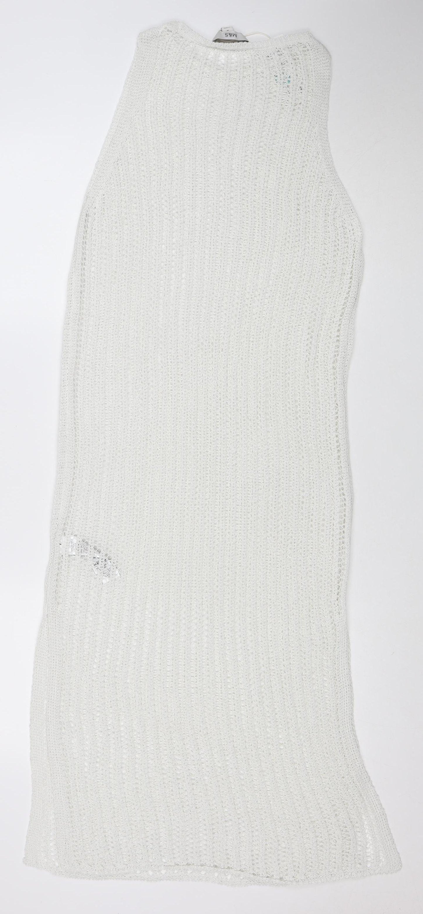 Marks and Spencer Women White Knit Crochet Kaftan Dress Size M Summer Beachwear