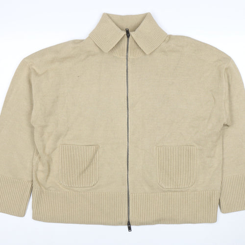 Marks and Spencer Women Beige XL Full Zip Collared Cotton Jumper
