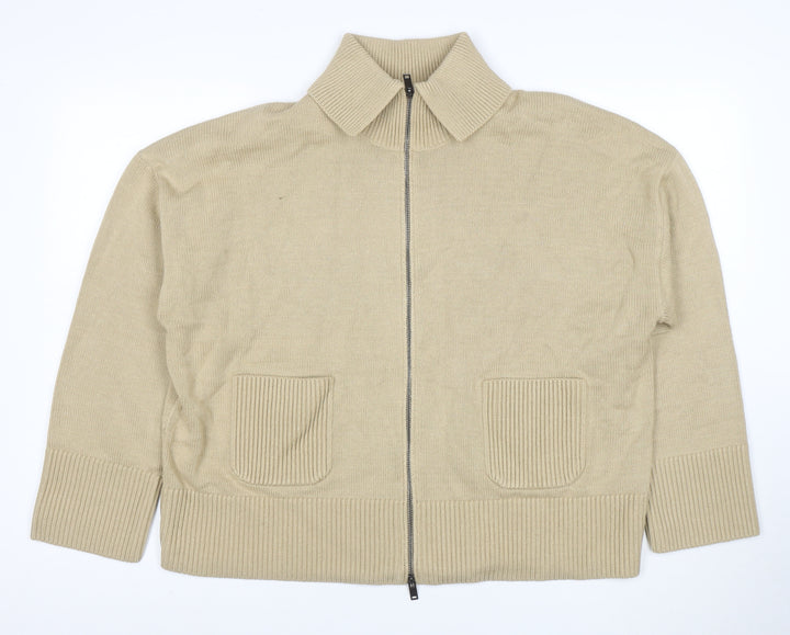Marks and Spencer Women Beige XL Full Zip Collared Cotton Jumper