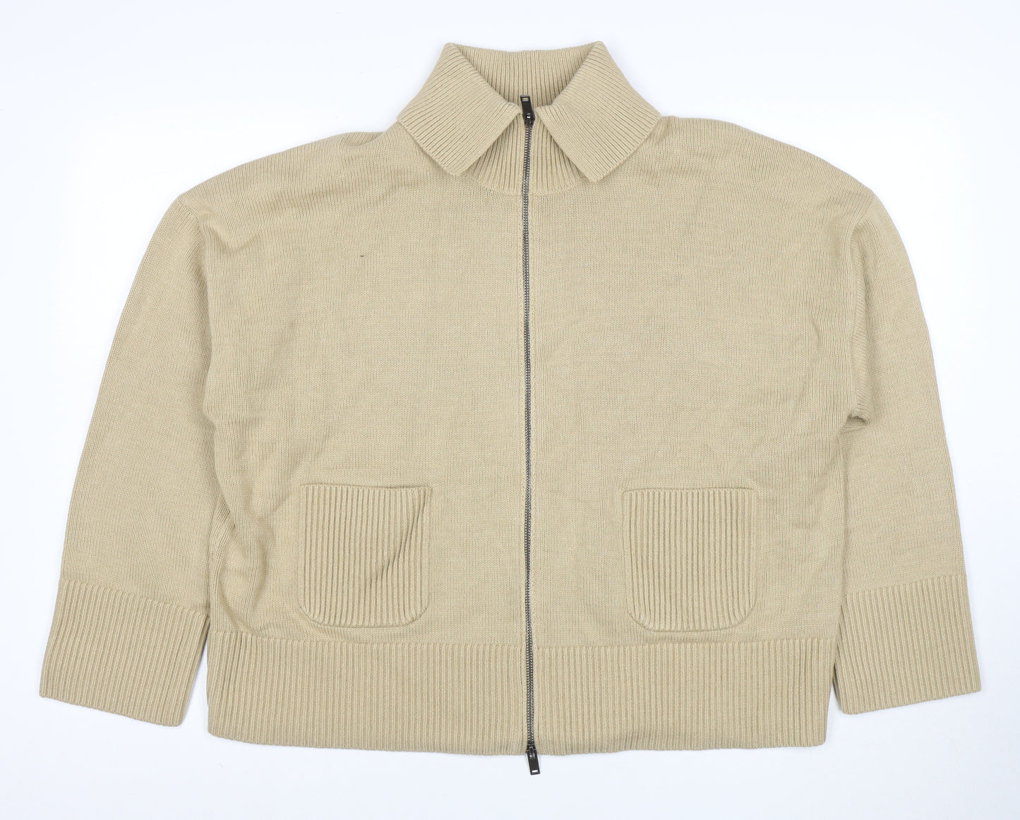 Marks and Spencer Women Beige XL Full Zip Collared Cotton Jumper