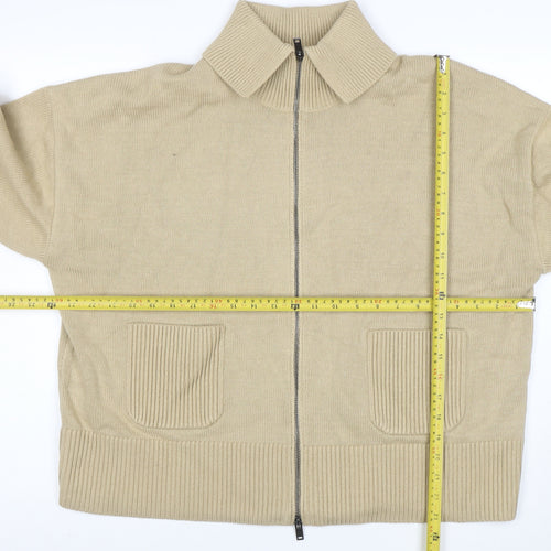Marks and Spencer Women Beige XL Full Zip Collared Cotton Jumper