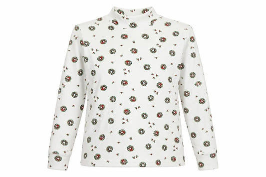 Front view of Lands' End women’s white christmas wreath cotton roll neck long sleeve top, size L