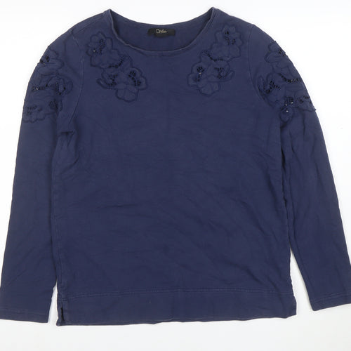 Dalia Women's Blue Cotton Long Sleeve Embroidered T-Shirt S