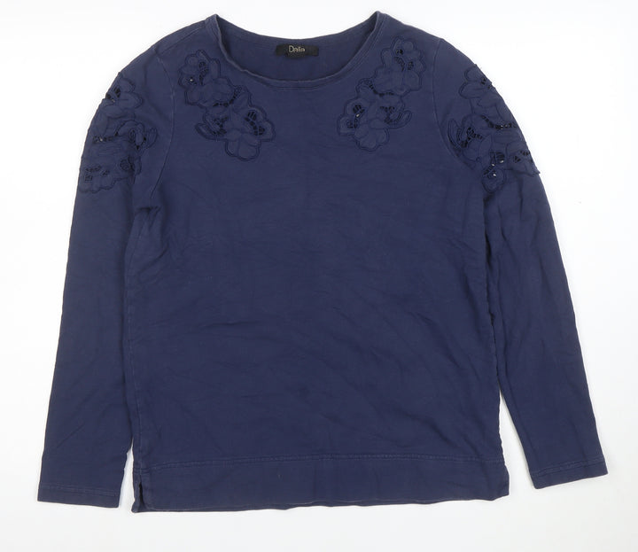 Dalia Women's Blue Cotton Long Sleeve Embroidered T-Shirt S
