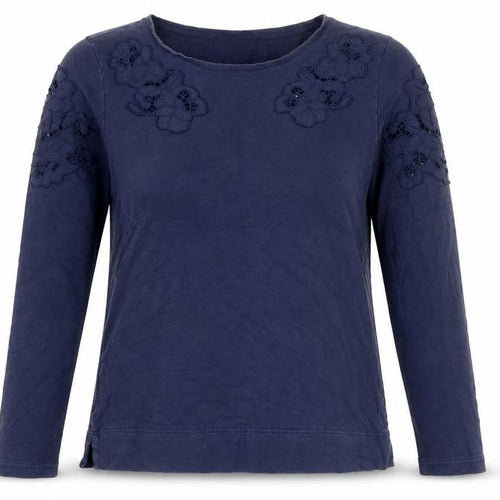 Dalia Women's Blue Cotton Long Sleeve Embroidered T-Shirt S