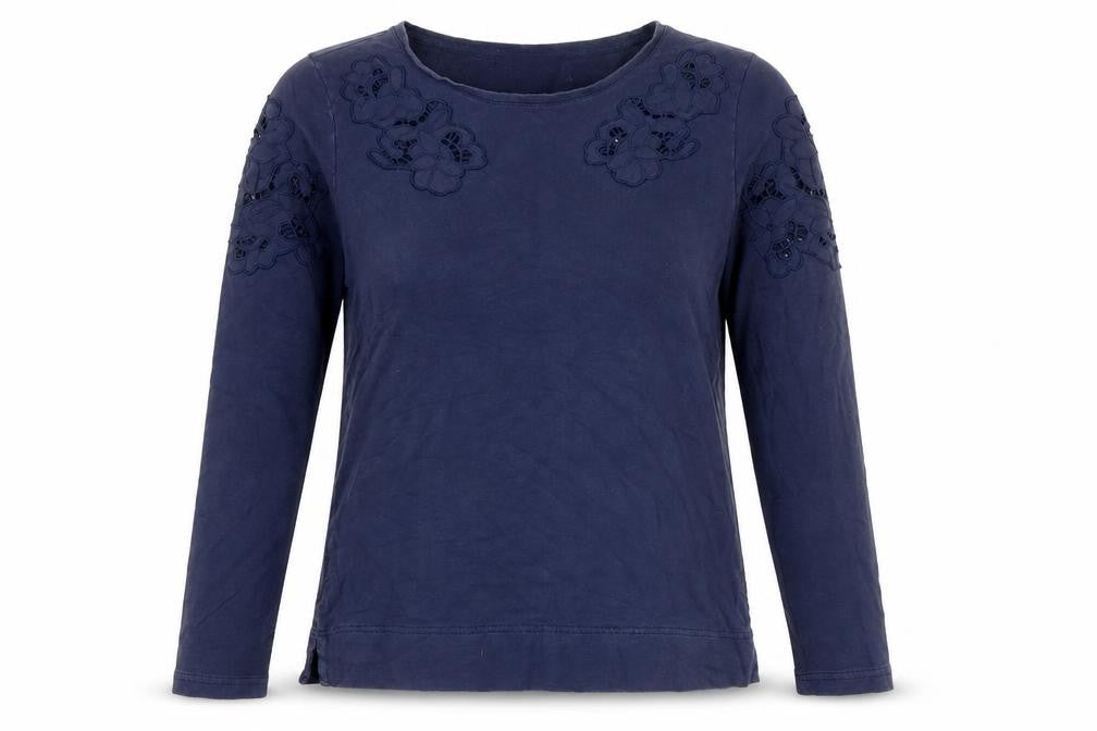 Dalia Women's Blue Cotton Long Sleeve Embroidered T-Shirt S