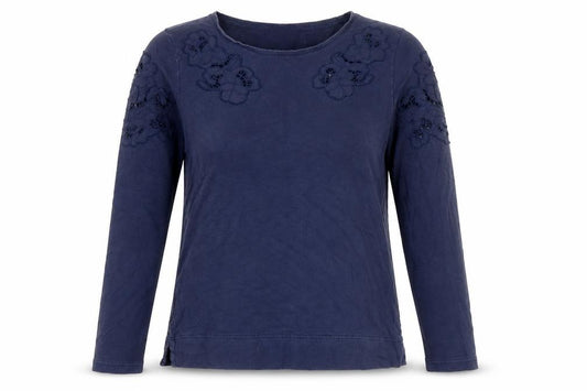 Front view of Dalia Women's Blue Cotton Long Sleeve Embroidered T-Shirt S