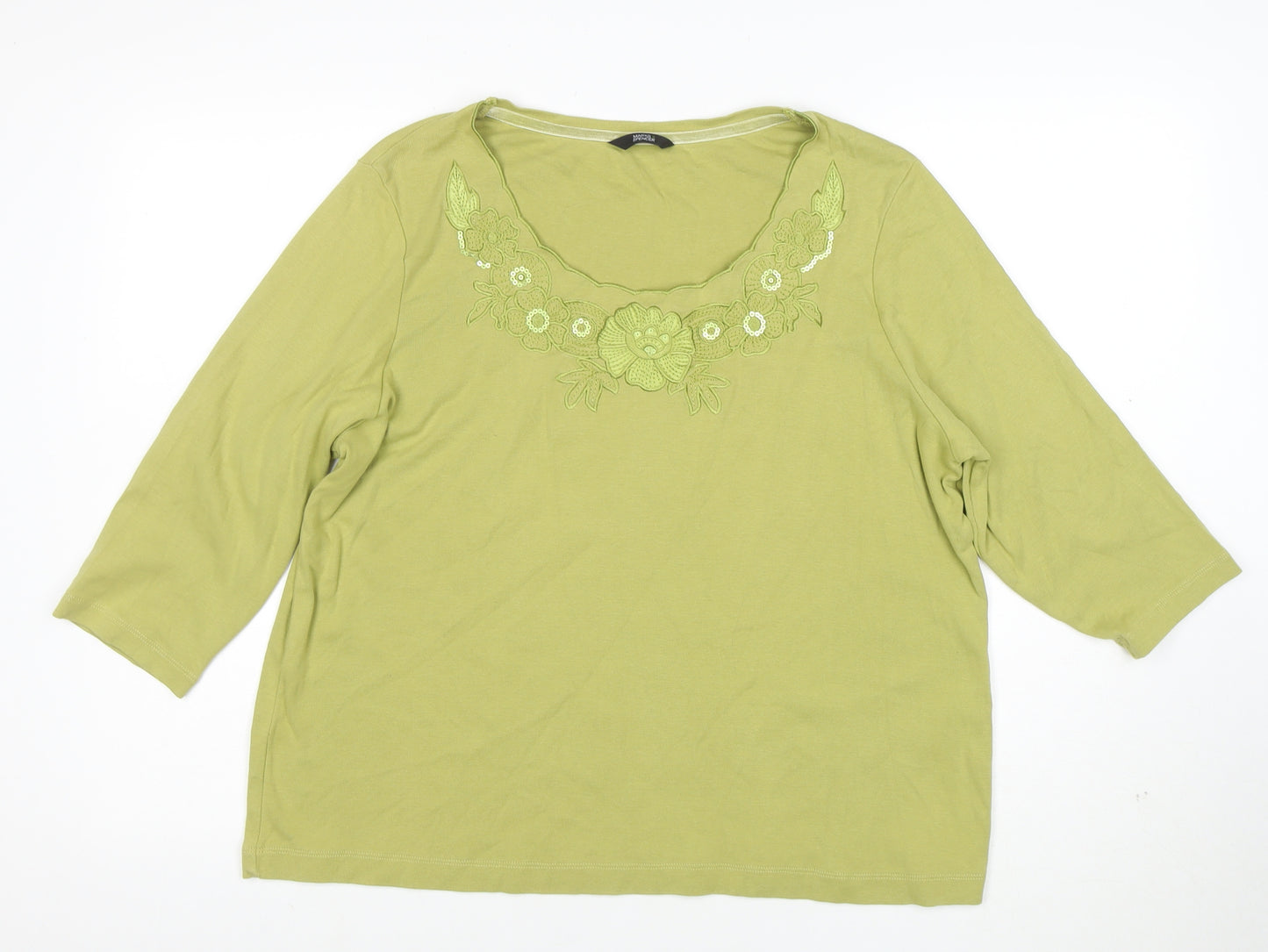 Marks and Spencer Women’s Green Embroidered Cotton 3/4 Sleeve T-Shirt Size 18