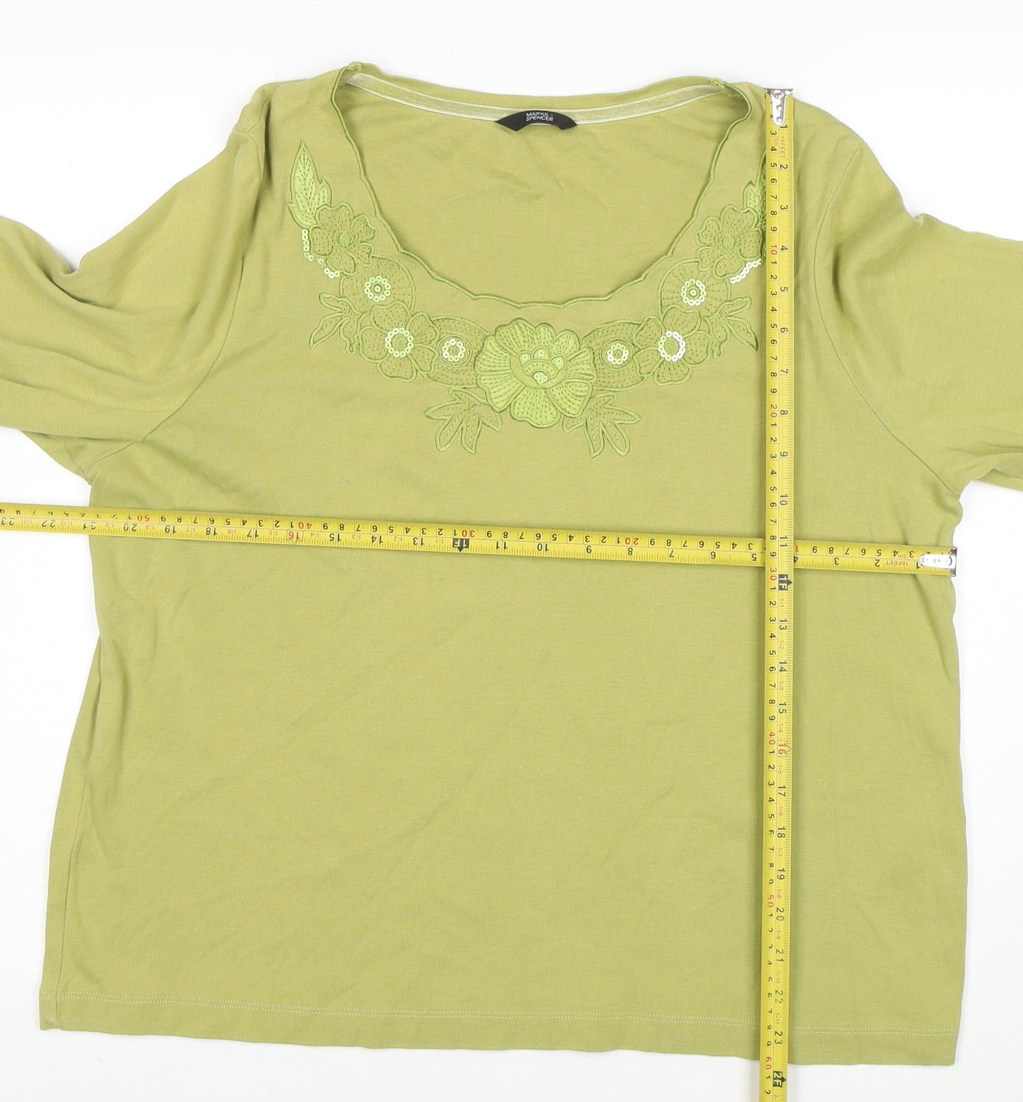 Marks and Spencer Women’s Green Embroidered Cotton 3/4 Sleeve T-Shirt Size 18