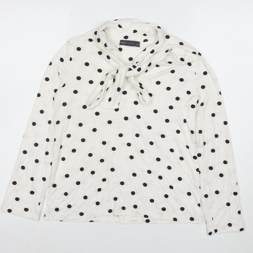 Marks and Spencer Women’s White Polka Dot Bow Neck Long Sleeve Blouse Size 10