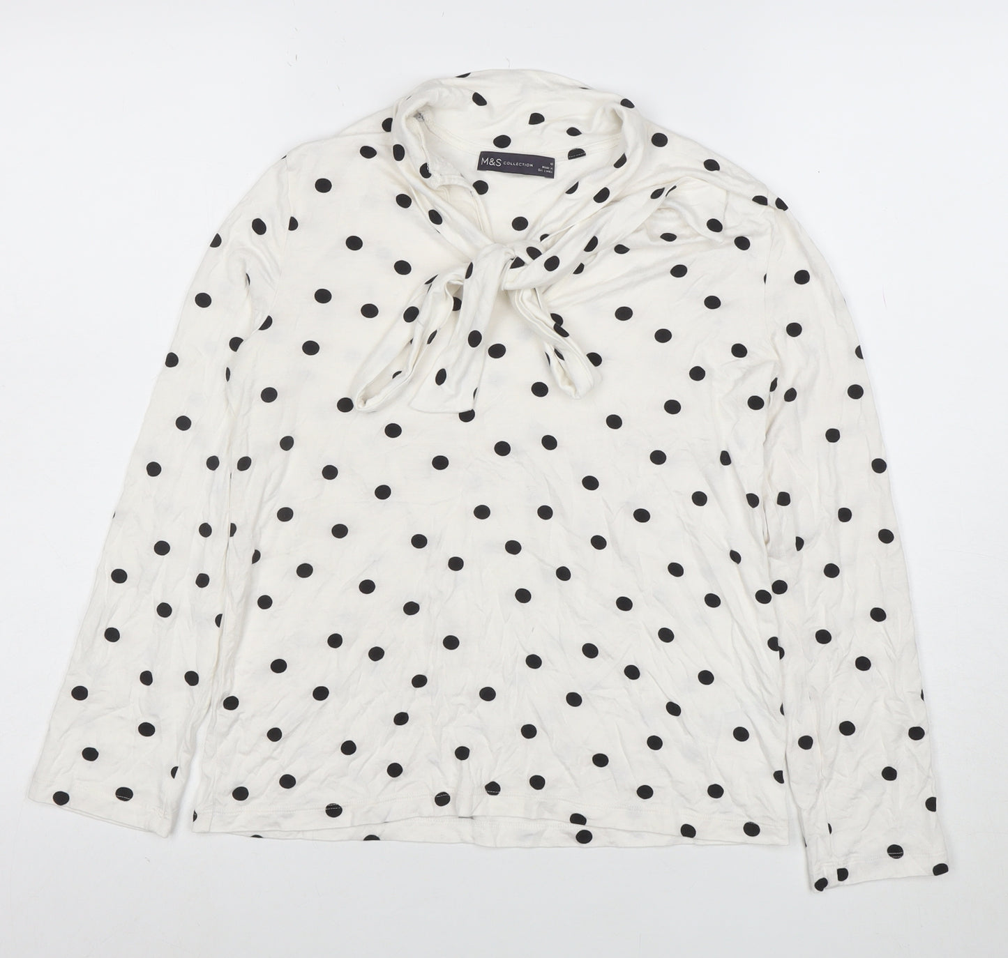 Marks and Spencer Women’s White Polka Dot Bow Neck Long Sleeve Blouse Size 10
