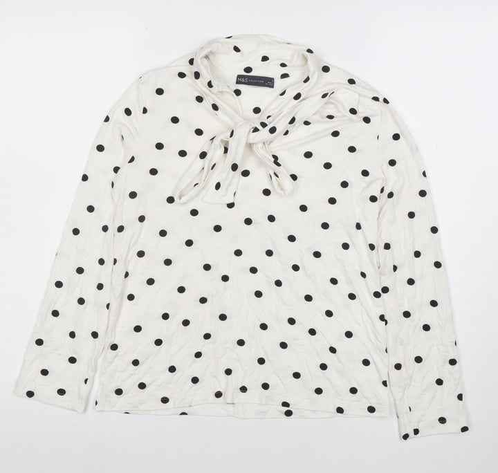 Marks and Spencer Women’s White Polka Dot Bow Neck Long Sleeve Blouse Size 10