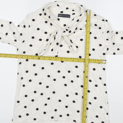 Marks and Spencer Women’s White Polka Dot Bow Neck Long Sleeve Blouse Size 10