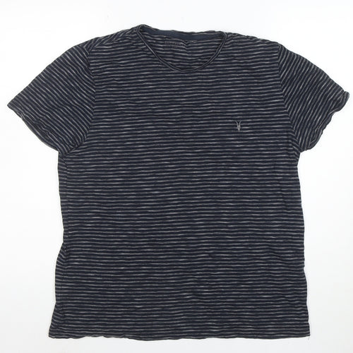 AllSaints Men's Navy Striped Crew Neck Cotton T-Shirt Size L