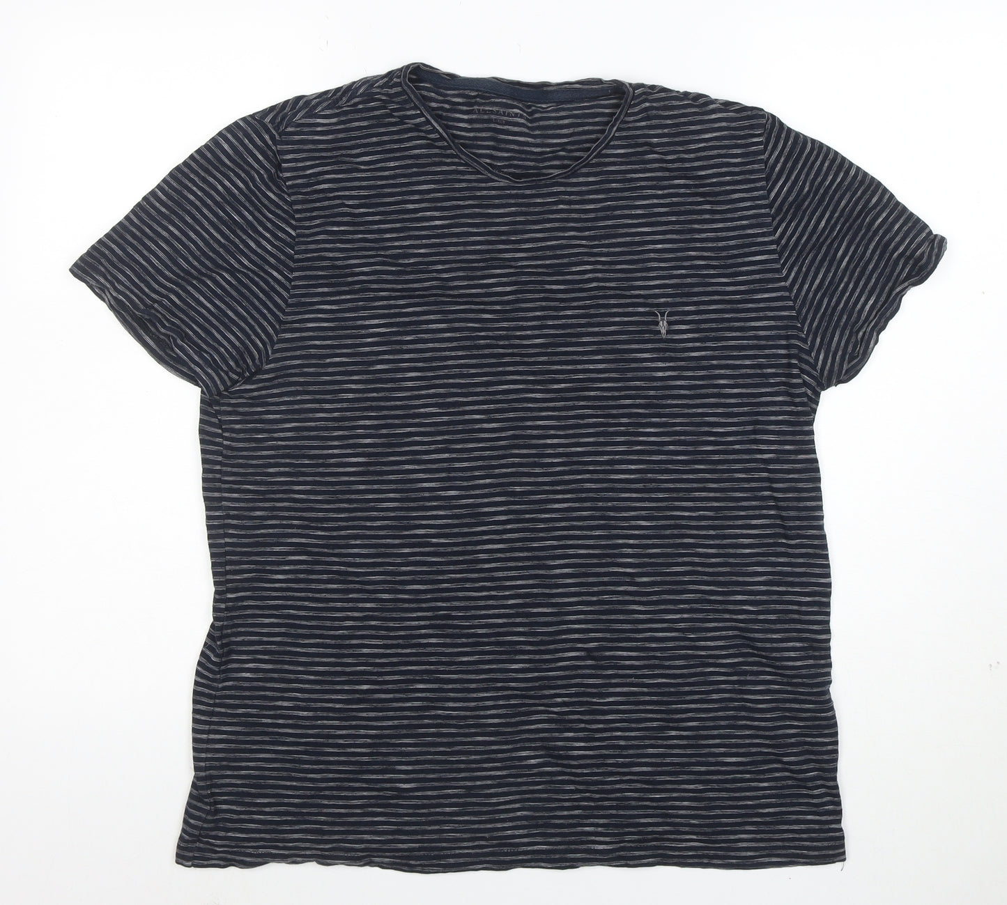 AllSaints Men's Navy Striped Crew Neck Cotton T-Shirt Size L