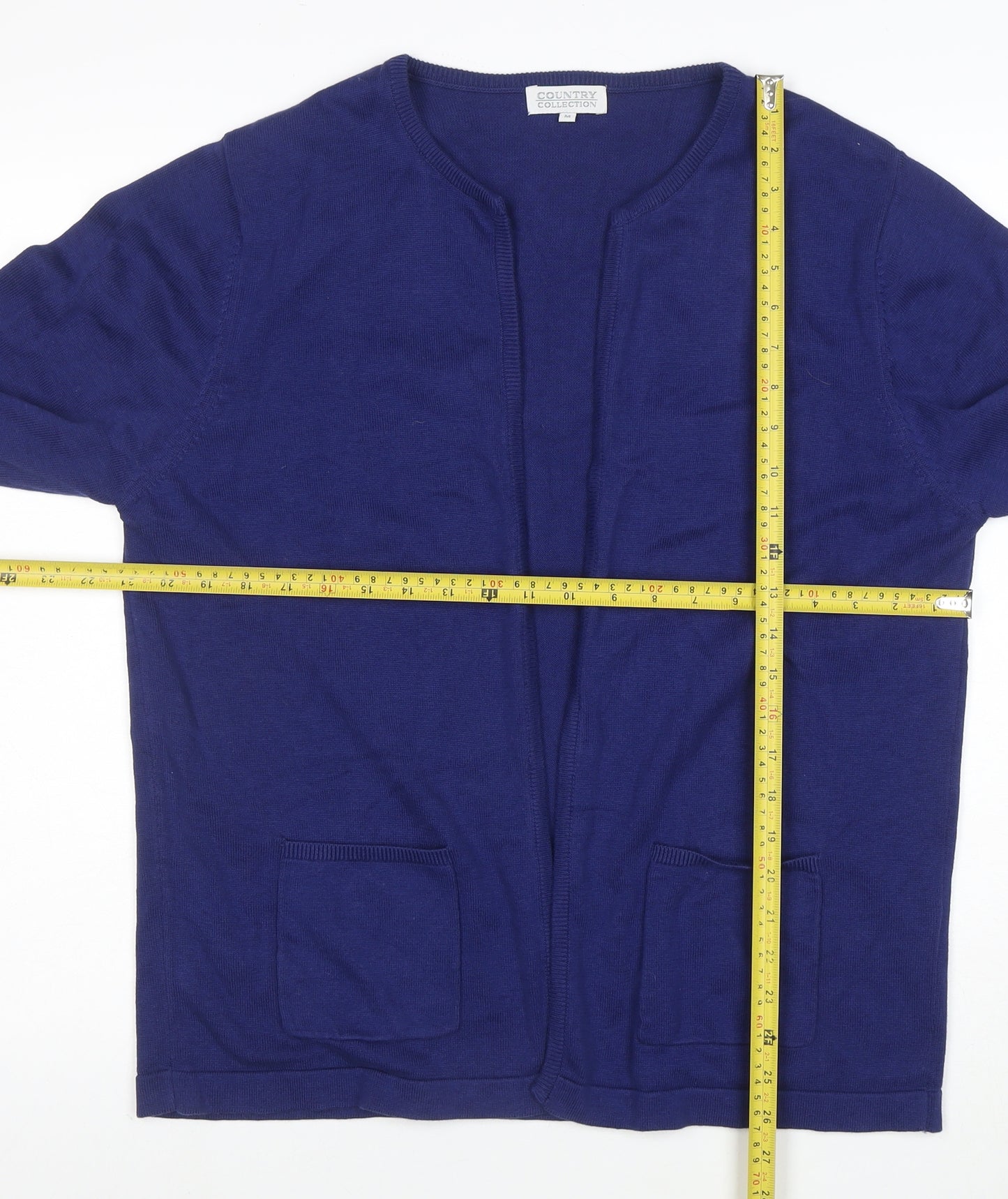 Country Collection Women Blue Cotton Cardigan M Open Knit Long Sleeve