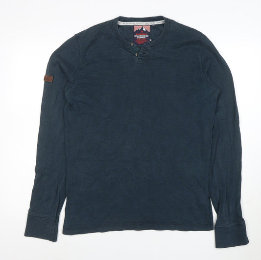 Superdry Men's Blue Long Sleeve Henley Cotton T-Shirt M