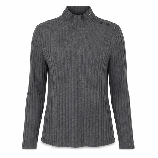 Front view of Principles by Ben de Lisi Petite Women's Grey Roll Neck Button Knit Top, size 12