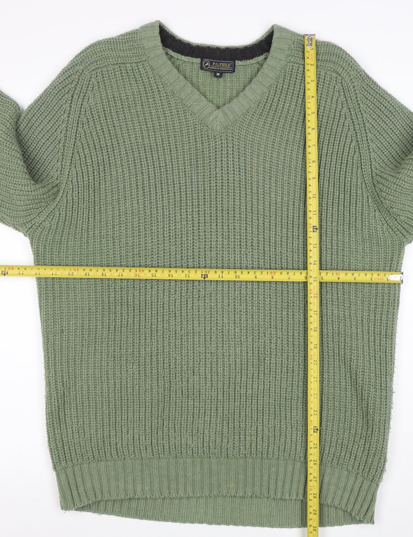 P.G. Field Men's Green Chunky Knit V-Neck Jumper Size M