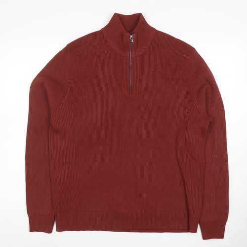 Marks and Spencer Men's Brown L 1/2 Zip Cotton Blend Jumper