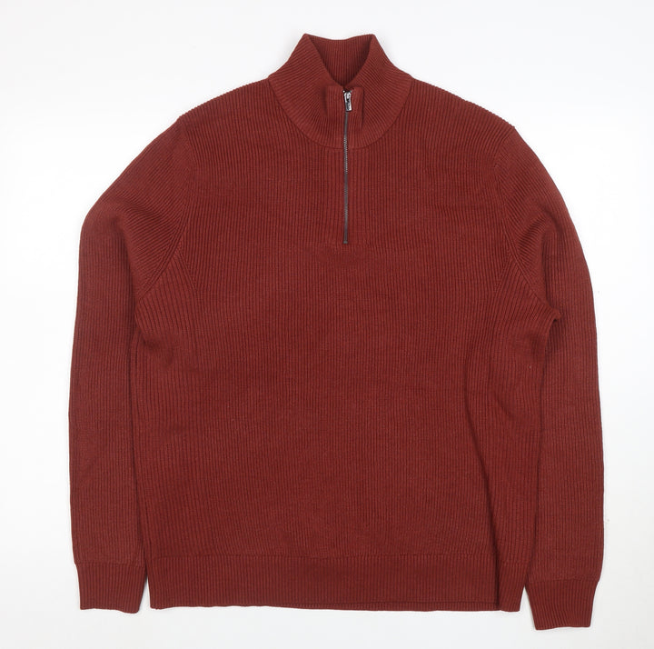 Marks and Spencer Men's Brown L 1/2 Zip Cotton Blend Jumper