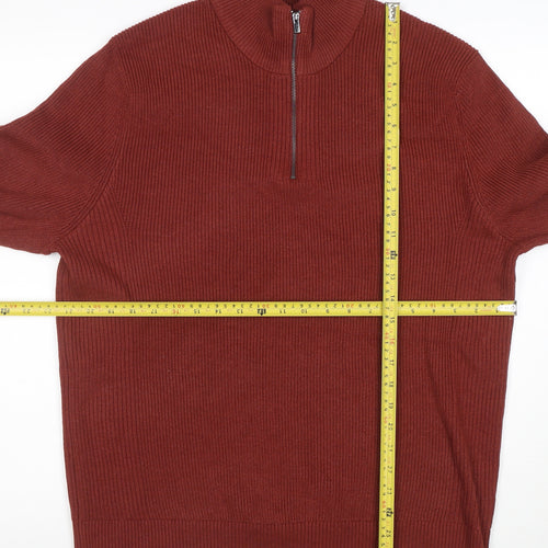 Marks and Spencer Men's Brown L 1/2 Zip Cotton Blend Jumper