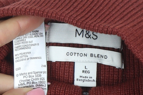Marks and Spencer Men's Brown L 1/2 Zip Cotton Blend Jumper