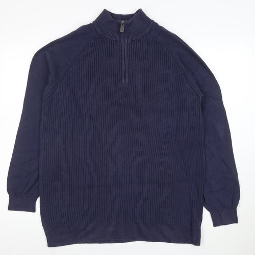 Cotton Traders Men's Blue XL Half Zip High Neck Cotton Jumper