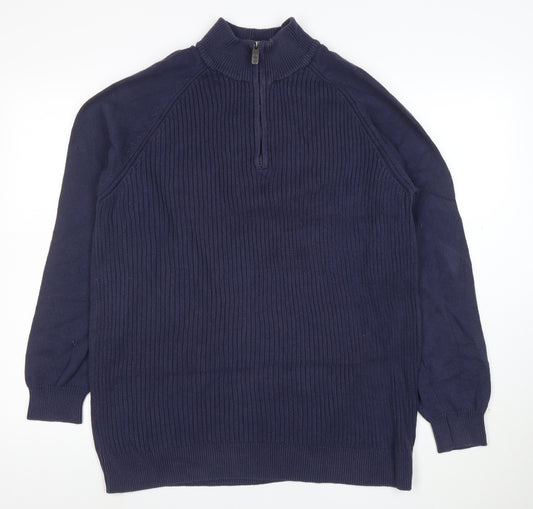 Cotton Traders Men's Blue XL Half Zip High Neck Cotton Jumper