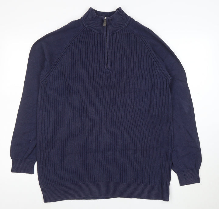 Cotton Traders Men's Blue XL Half Zip High Neck Cotton Jumper