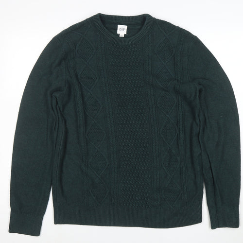 GAP Men's Green Cable-Knit Crew Neck Cotton Jumper Size M