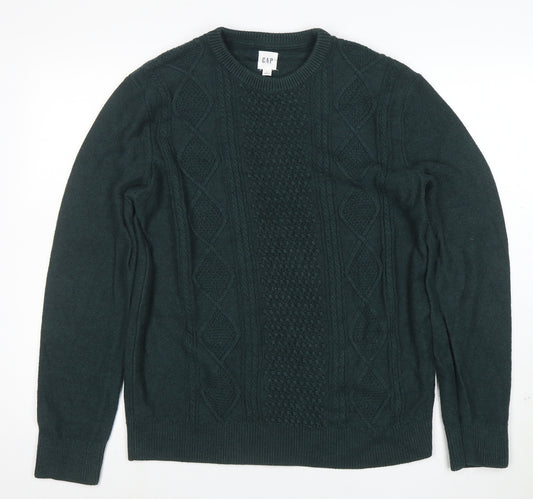 GAP Men's Green Cable-Knit Crew Neck Cotton Jumper Size M