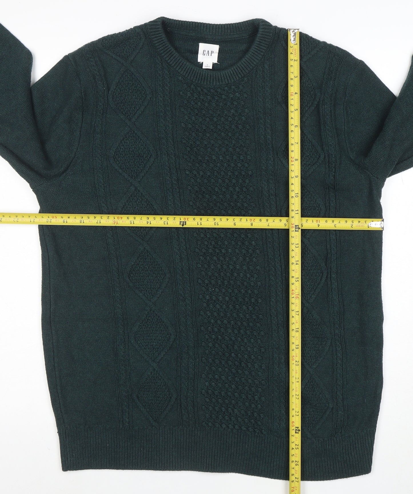 GAP Men's Green Cable-Knit Crew Neck Cotton Jumper Size M